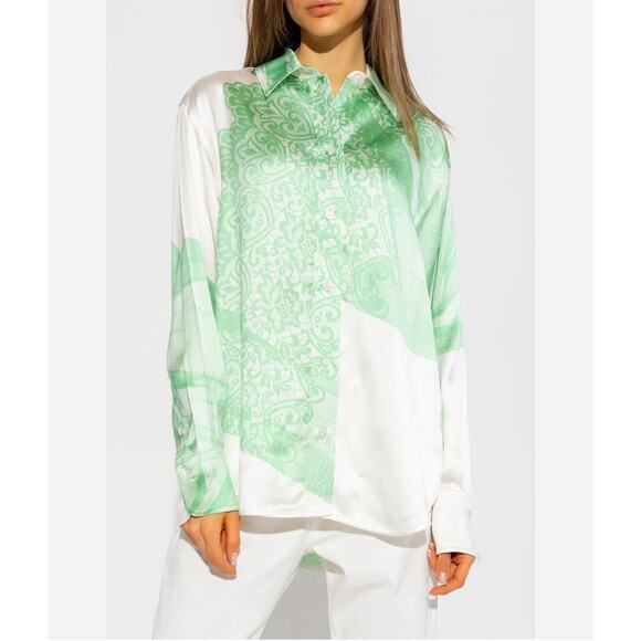 Victoria Beckham Lace Print Oversize Button-Up Shirt 4 Green White Lace Satin S - Picture 1 of 16